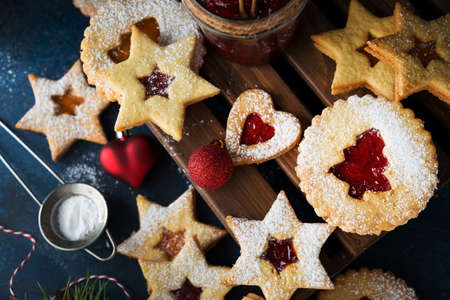 Christmas cookies with jam. A popular Austrian cookie is Linz cookies. Top viewの写真素材