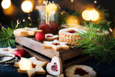 Christmas cookies with jam. A popular Austrian cookie is Linz cookies. Selective focus.
