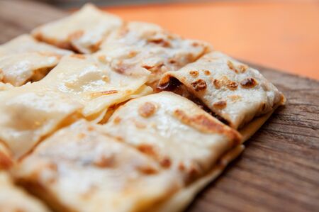 Fresh pancakes with chocolate close up shootの写真素材