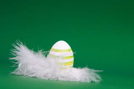 Easter egg is hand painted on white feathersの写真素材