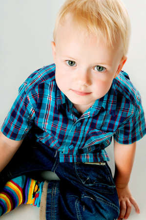 little boy close up on white backgroundの写真素材