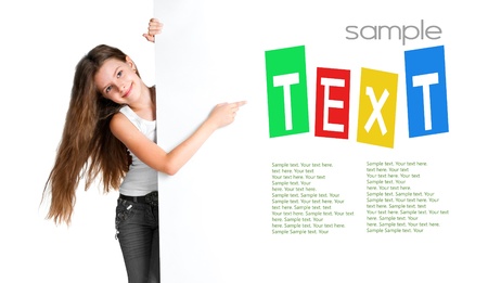 girl beside a white blankwith sample textの写真素材