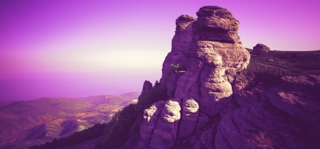 beautiful panorama view of the mountains with violet skyの写真素材