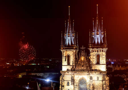 Church of Our Lady before Tyn in evening in Prague, Czech Republic. Church with towers height of 80 metersの写真素材