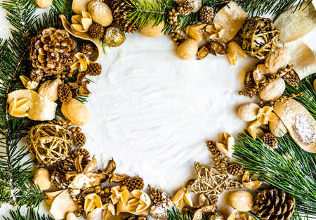 background  with Christmas decorations and snowの写真素材