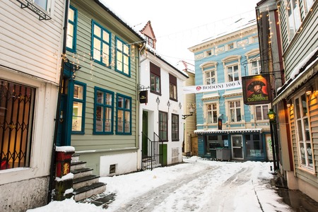 Bergen, Norway - December 29, 2014: evening the streets of Bergen at Christmas, Norwayのeditorial素材