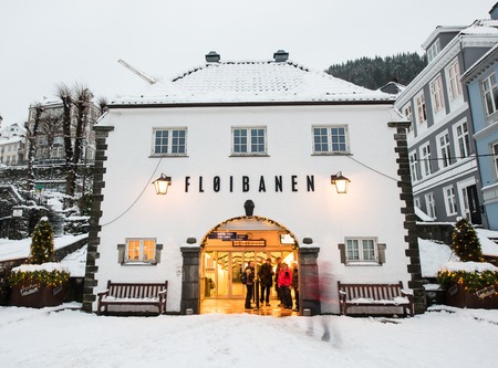 Bergen, Norway - December 29, 2014: Starting point travel to Mount Floyen - building cable Floibanen at Christmasのeditorial素材