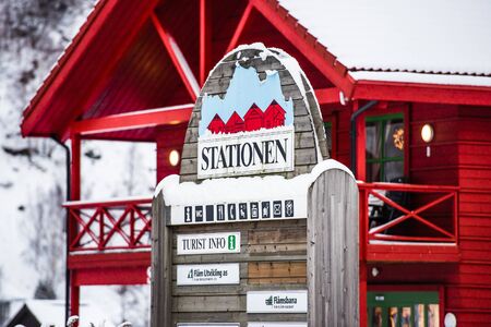 Flam, Norway - December 28, 2014: Station old Flam Railway. The Flam Line (Norwegian: Flamsbana) is a 20.2-kilometer long railway line between Myrdal and Flam in Aurland, Norway.のeditorial素材