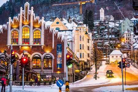 Bergen, Norway - December 27, 2014: evening the streets of Bergen at Christmas, Norwayのeditorial素材