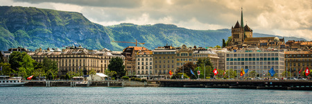Geneve, Switzerland - 11 May 2014: panoramic  view of the modern embankment and the center of Geneva, Switzerlandのeditorial素材