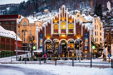 Bergen, Norway - December 27, 2014: evening the streets of Bergen at Christmas, Norwayのeditorial素材