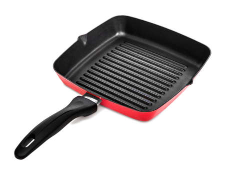 steel empty frying pan isolated on white backgroundの写真素材