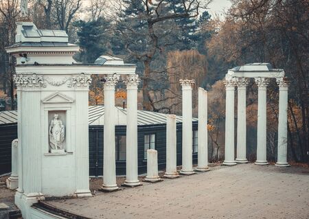 Lazienki Park with Roman inspired amphitheatre and Palace on the Water at the far end in Warsaw, Polandの写真素材