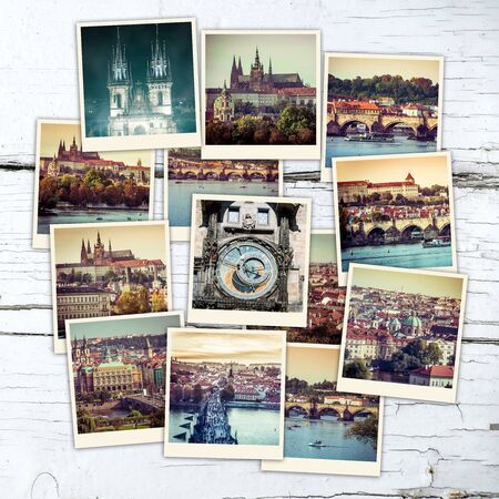collage of sights and beautiful views of Prague  on wooden tableの写真素材