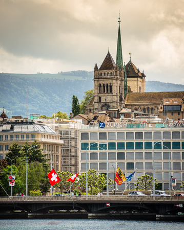 Geneve, Switzerland - 11 May 2014:  view of the modern embankment and the center of Geneva, Switzerlandのeditorial素材