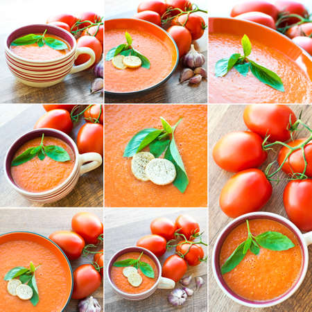 photo collage of soup Gazpacho and tomatoes on the kitchen tableの写真素材