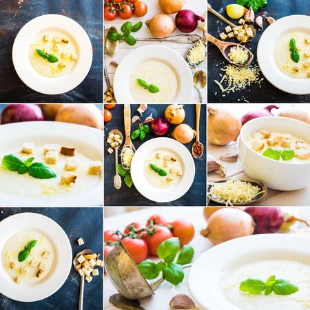 photo collage onion soup with croutons on a plateの写真素材