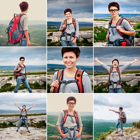 photo collage girl tourist in mountain landscapeの写真素材