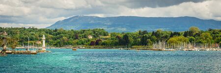 panoramic view of the modern embankment and the center of Geneva, Switzerland