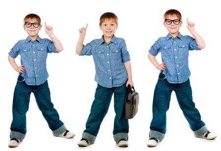 collage of photos of the young boy wearing trendy jeans  and  shirt isolated on white backgroundの写真素材