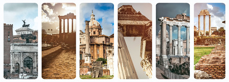 collage of historical views of the Roman Forum,  Italy