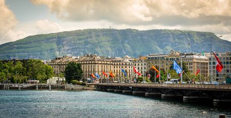 Geneve, Switzerland - 11 May 2014:  view of the modern embankment and the center of Geneva, Switzerlandのeditorial素材