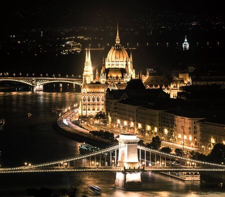 night view on Danube and city of Budapestの写真素材