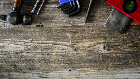 building instruments on old wooden tableの写真素材