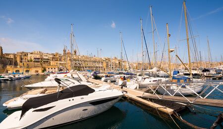 yachts in Valleta port on the background of the city in Maltaの写真素材
