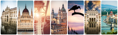 set of beautiful buildings and sights of Budapest at day and evening timeの写真素材