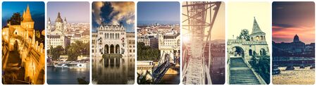 collage of different famous Budapest sights at nightの写真素材
