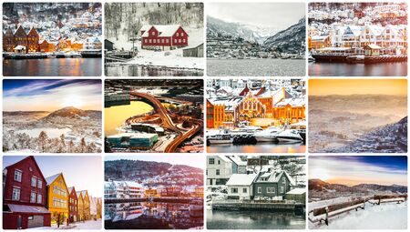 photo collage of winter and attractions in Bergen , Norwayの写真素材