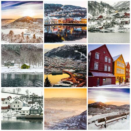 photo collage of winter and attractions in Bergen , Norwayの写真素材