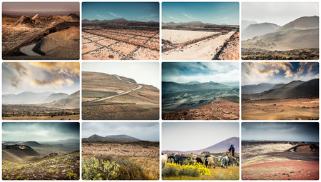 collage of mountain roads, views and sights of Lanzarote, Canary islands, Spainの写真素材