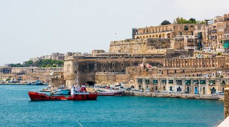 ship in the ocean bay near Valletta in Maltaの写真素材