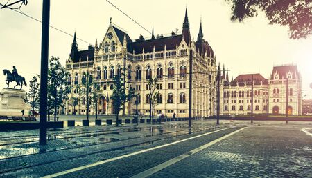 view on square and National Hungarian Parliamentの写真素材