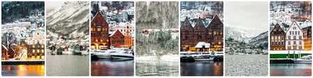 photo collage of winter and attractions in Bergen , Norwayの写真素材
