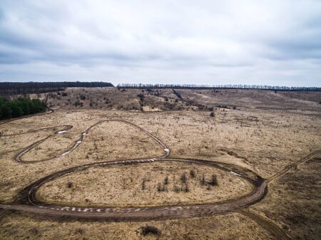 racing tracks and landscape in countryside from heightの写真素材