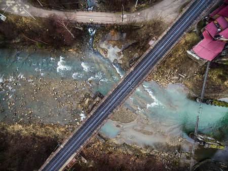 top view of the railway bridge over the river Prut in Yaremcha, Carpathian Mountains, Ukraineの写真素材