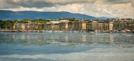 Geneve, Switzerland - 11 May 2014: panoramic  view of the modern embankment and the center of Geneva, Switzerlandのeditorial素材
