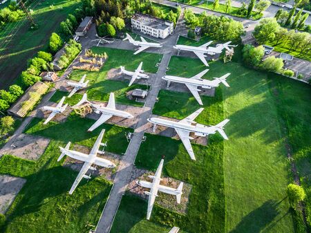 top view of old airplanes exhibition, aerial, photoの写真素材