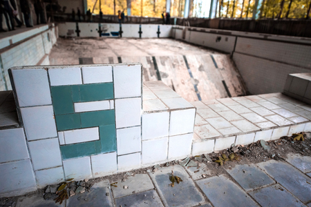 abandoned swimming pool in Pripyat school, Chernobyl, Ukraineの写真素材