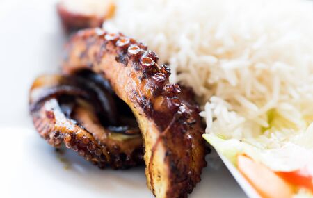 roasted octopus sevred with rice on white plate closeupの写真素材