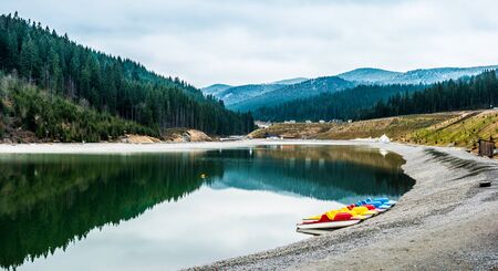 beautiful panoramic view on mountain lake and Carpathian mountains, Ukraineの写真素材