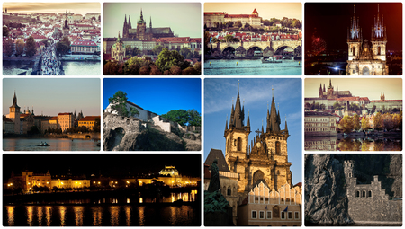 collage of different picturesque Prague sights and landscapes with architectureの写真素材