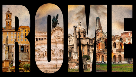 Word Rome with famous roman sights isolated on a white backgroundの写真素材