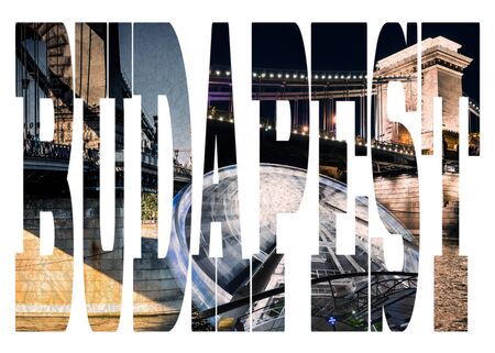 Word Budapest with famous sights on a white background