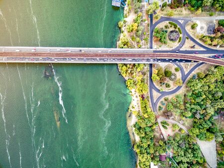 Kyiv roads with bridge across Dnipro, Ukraine, top view, aerial photoの写真素材