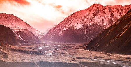 Landscape with sunset views of military road in Georgiaの写真素材