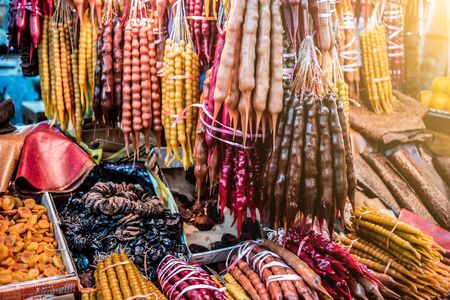 variety of churchkhela in a shop marketの写真素材